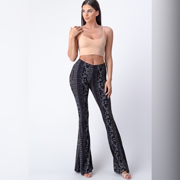 Tik Tok Famous Black Blue Tribal Print Bell Bottom Flare Stretch Pants - Picture 6 of 14